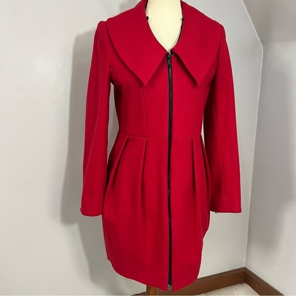 Alice + Olivia Campbell Red Peacoat Wool Fit Flare Cinched Waist Holiday Jacket - Picture 11 of 11